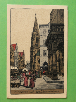 Ansichtskarte Künstler T Steinzeichnung Litho AK Münster 1905-1925 Stadtwinhaus Markt Architektur Ortsansicht NRW